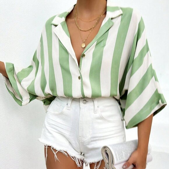 Green Casual Women's Batwing Sleeve Striped Shirt - Picture 3 of 6